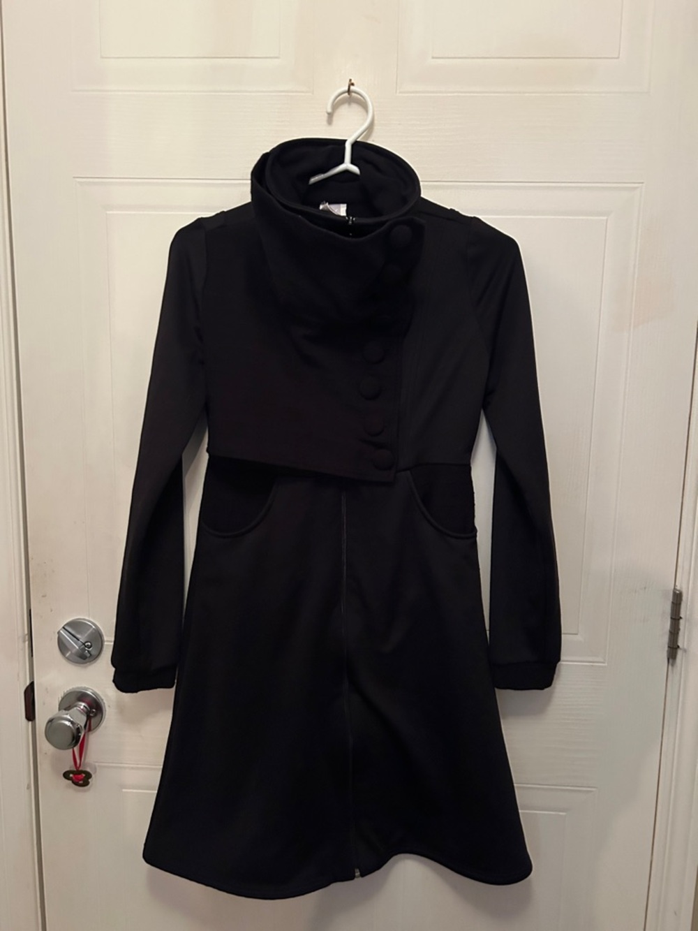 Black Funnel-Collar Trench Coat with Covered-Button Front